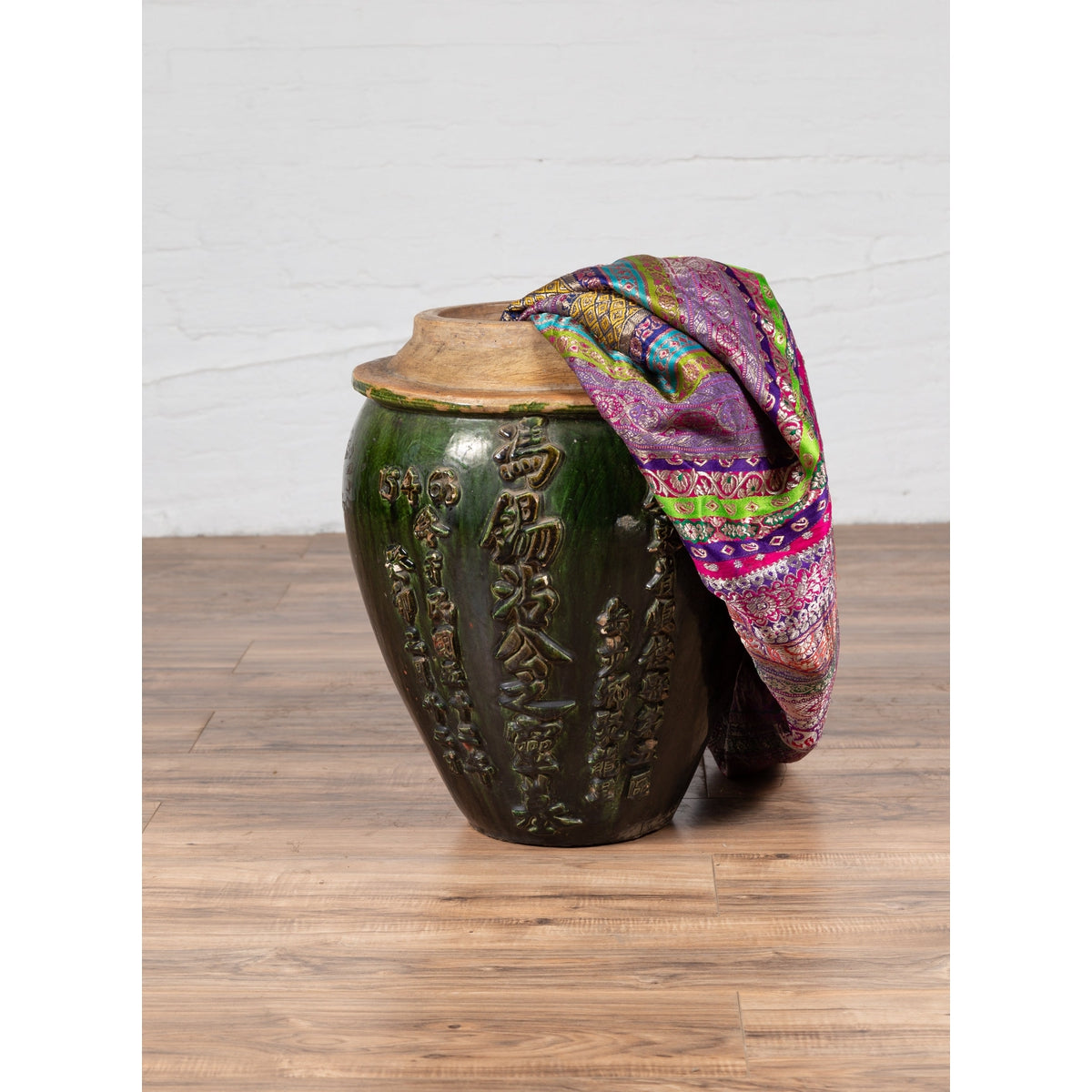 Chinese Contemporary Green Glazed Water Jug Pottery with Calligraphy-3. Asian &amp; Chinese Furniture, Art, Antiques, Vintage Home Décor for sale at FEA Home