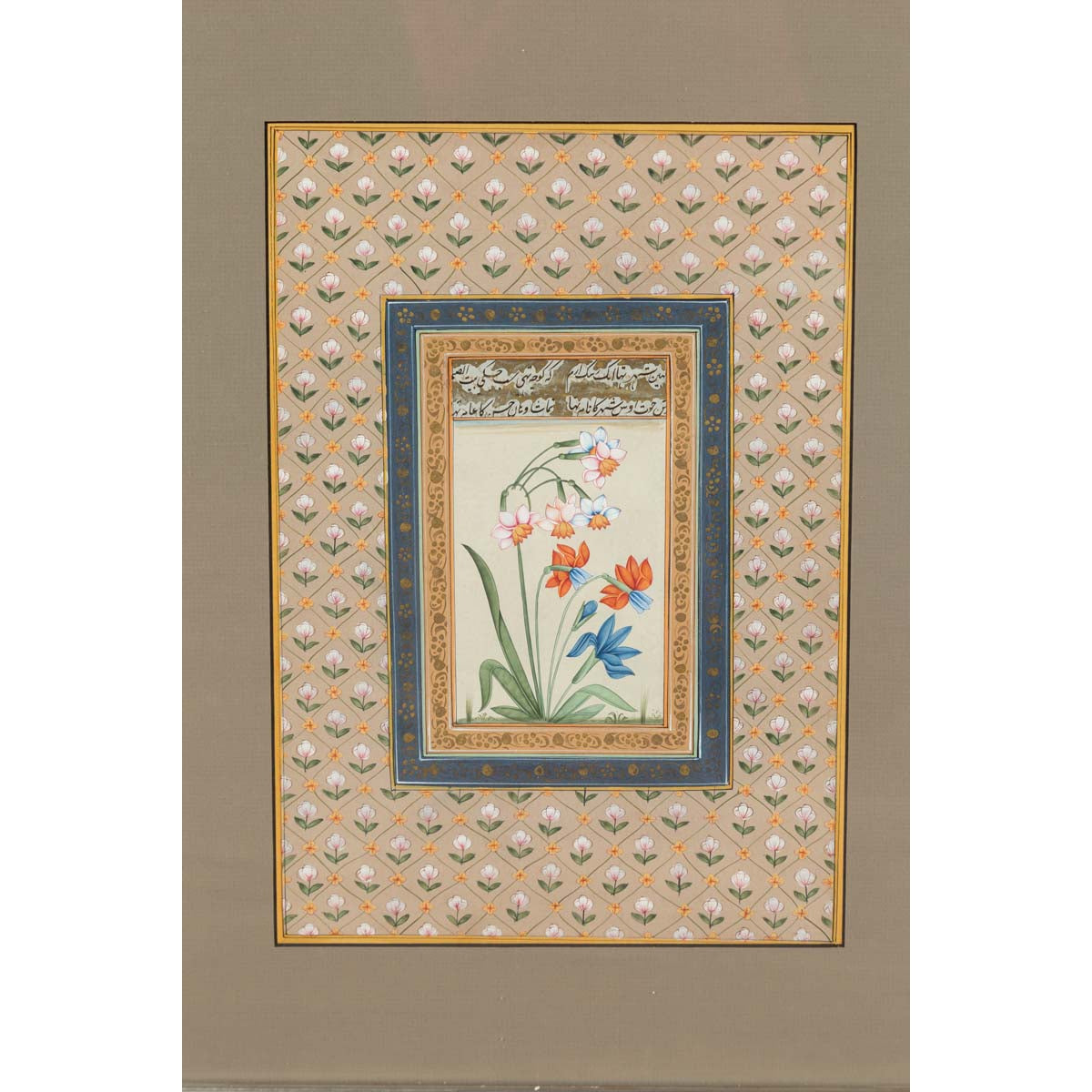 Indian Floral Still-Life from the Midcentury Period with Flowers and Calligraphy-1. Asian & Chinese Furniture, Art, Antiques, Vintage Home Décor for sale at FEA Home