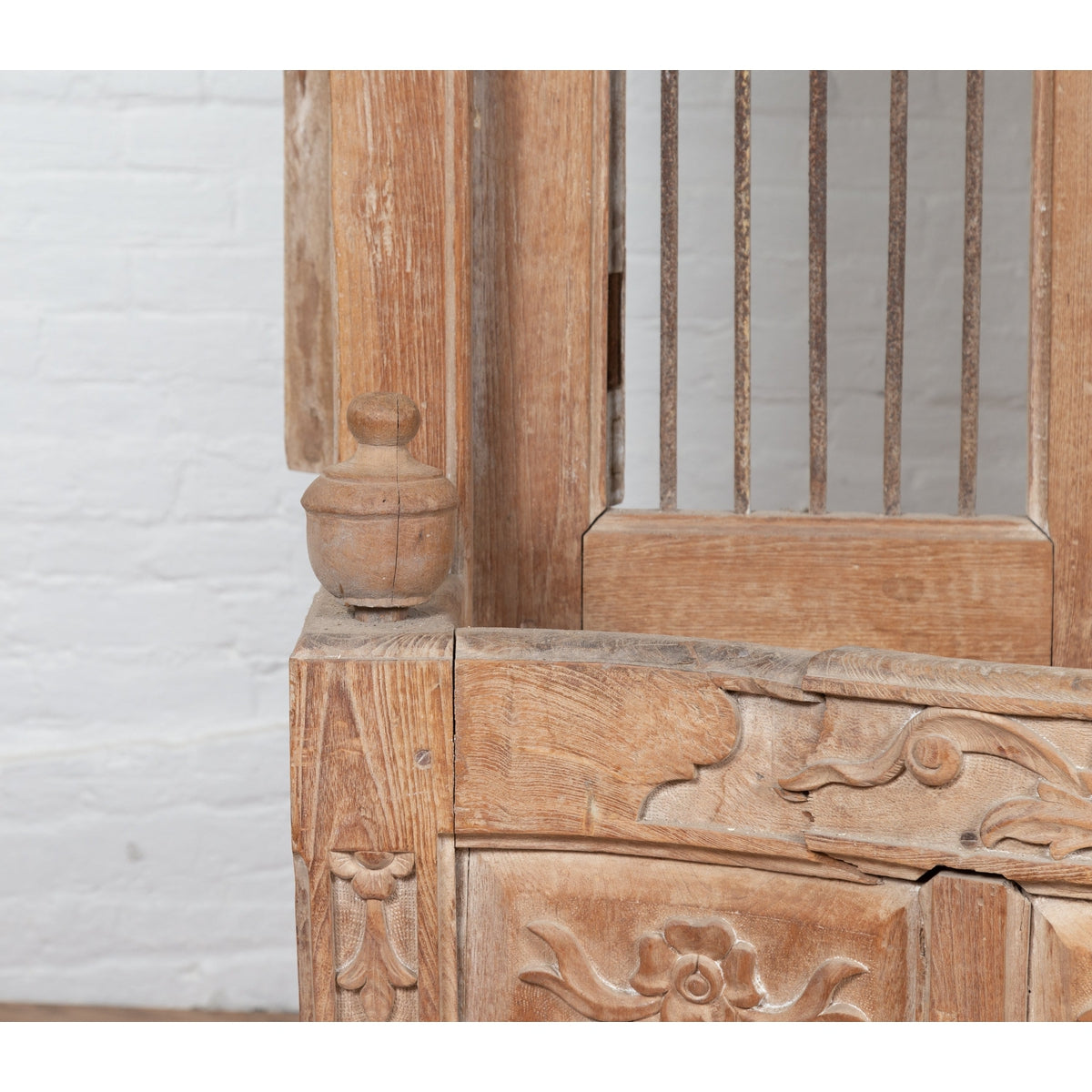 Large Natural Wood Bonnet Top Window Balcony with Hand Carved Foliage Motifs-9. Asian &amp; Chinese Furniture, Art, Antiques, Vintage Home Décor for sale at FEA Home