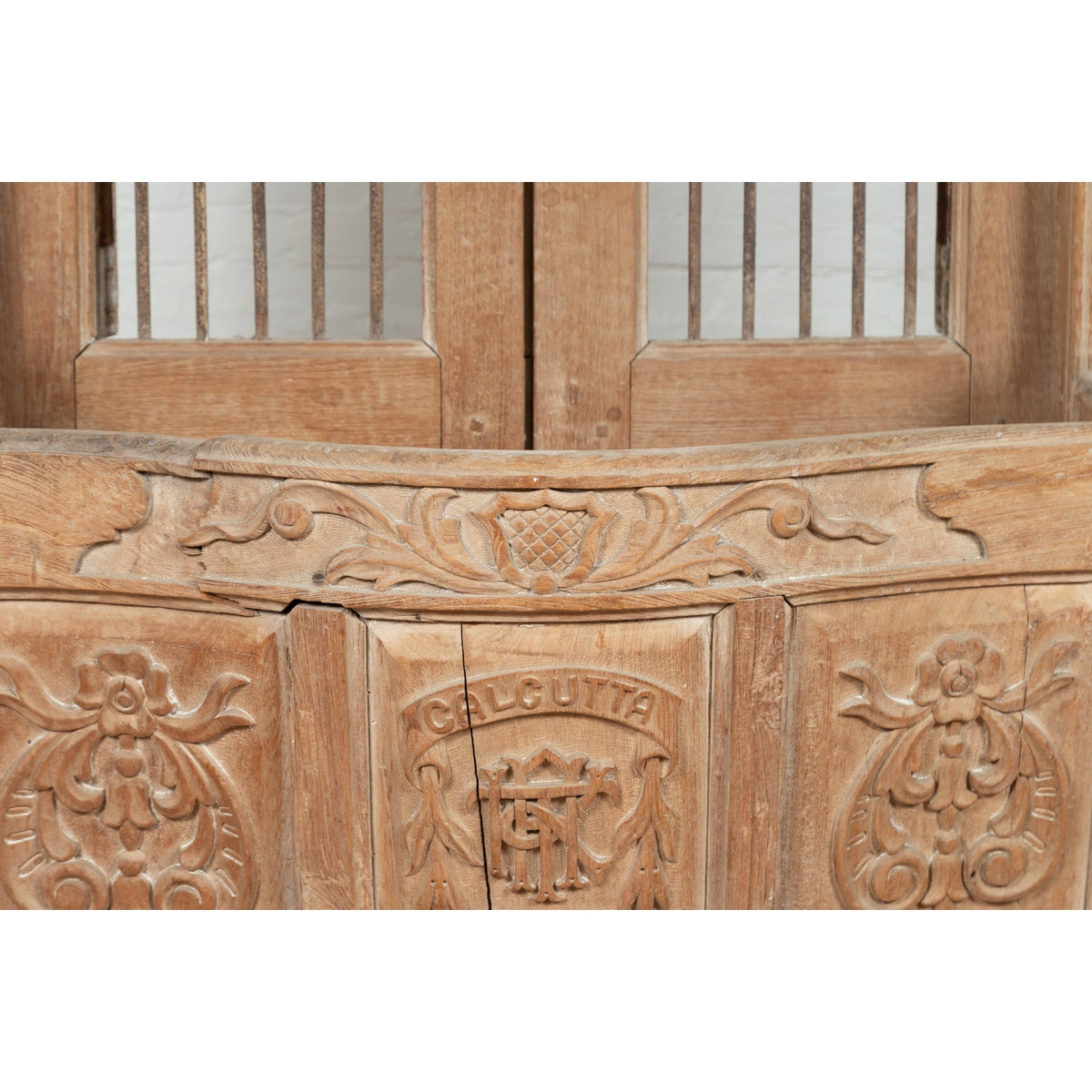 Large Natural Wood Bonnet Top Window Balcony with Hand Carved Foliage Motifs-10. Asian &amp; Chinese Furniture, Art, Antiques, Vintage Home Décor for sale at FEA Home