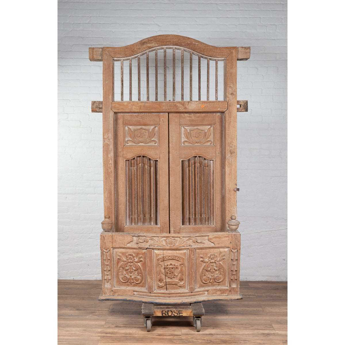 Large Natural Wood Bonnet Top Window Balcony with Hand Carved Foliage Motifs-2. Asian & Chinese Furniture, Art, Antiques, Vintage Home Décor for sale at FEA Home