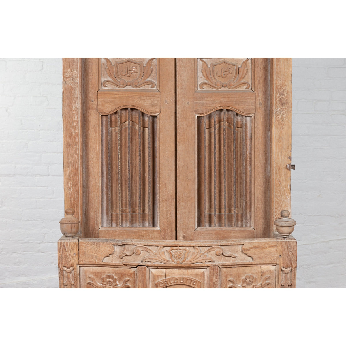 Large Natural Wood Bonnet Top Window Balcony with Hand Carved Foliage Motifs-11. Asian &amp; Chinese Furniture, Art, Antiques, Vintage Home Décor for sale at FEA Home