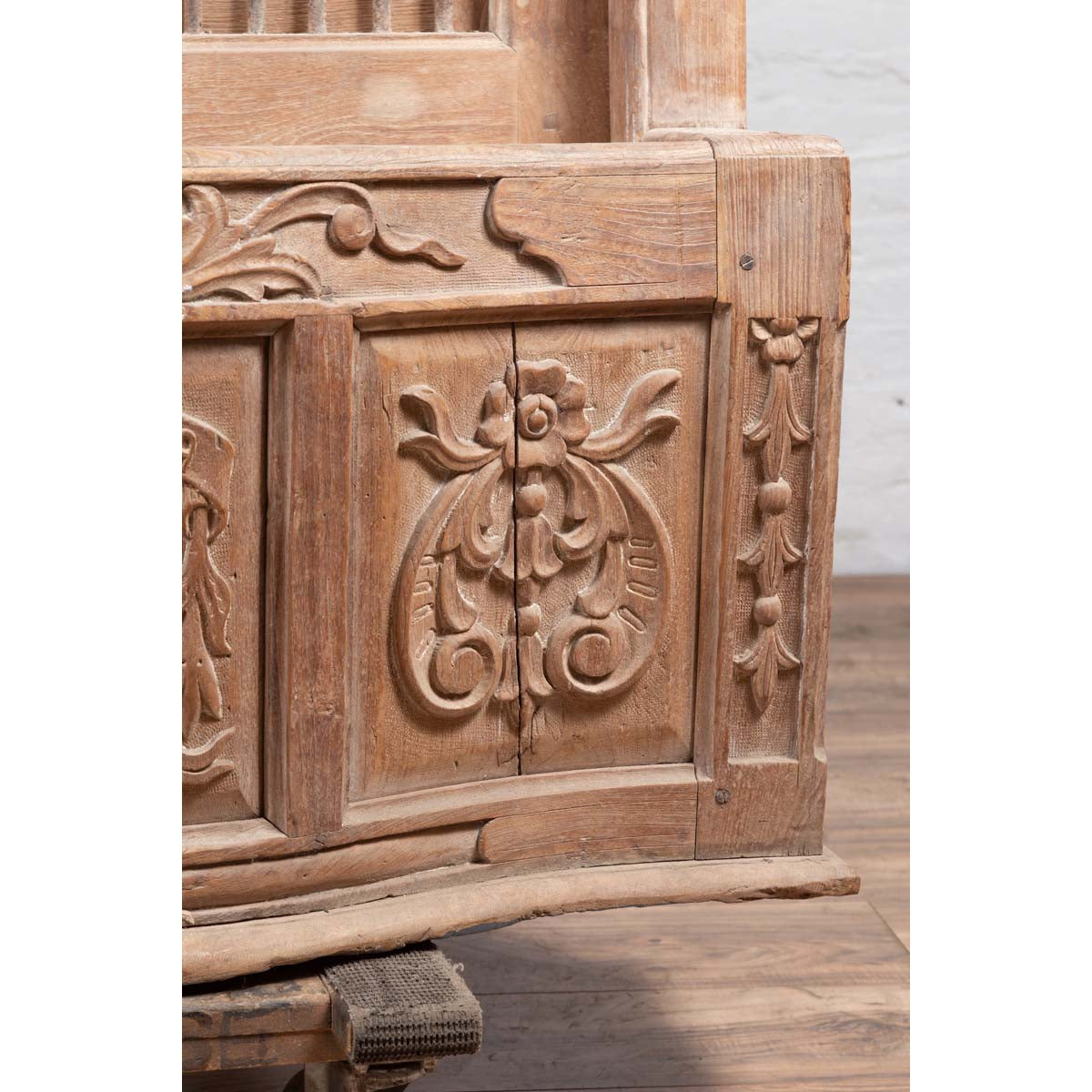 Large Natural Wood Window Balcony with Hand Carved Foliage Motifs and Bonnet Top-7. Asian &amp; Chinese Furniture, Art, Antiques, Vintage Home Décor for sale at FEA Home