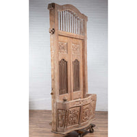 Large Natural Wood Window Balcony with Hand Carved Foliage Motifs and Bonnet Top