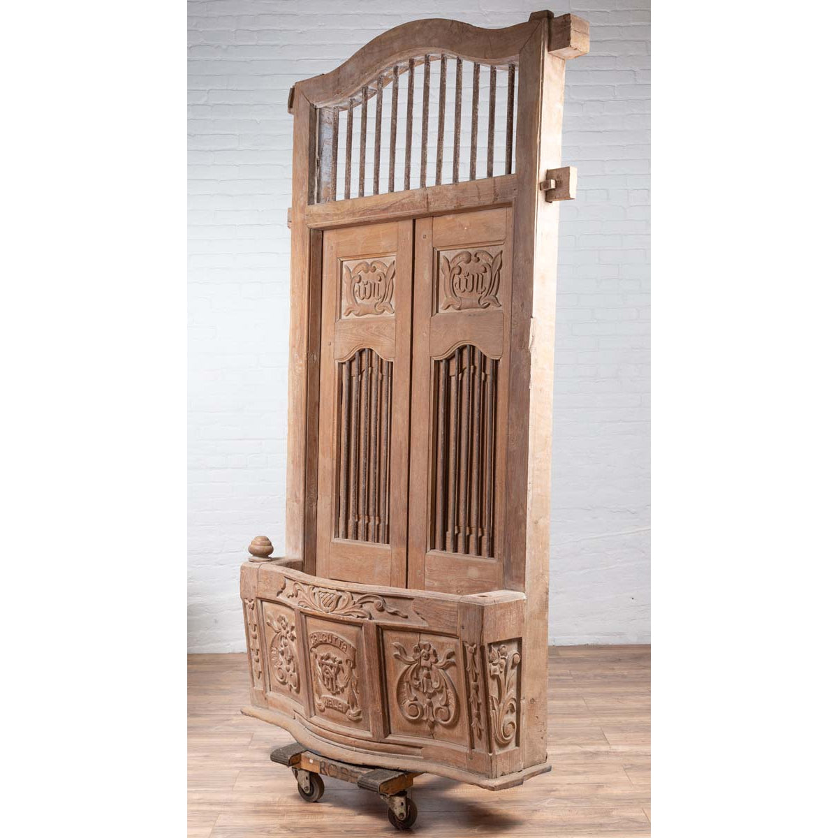 Large Natural Wood Window Balcony with Hand Carved Foliage Motifs and Bonnet Top-3. Asian &amp; Chinese Furniture, Art, Antiques, Vintage Home Décor for sale at FEA Home
