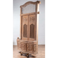 Large Natural Wood Window Balcony with Hand Carved Foliage Motifs and Bonnet Top