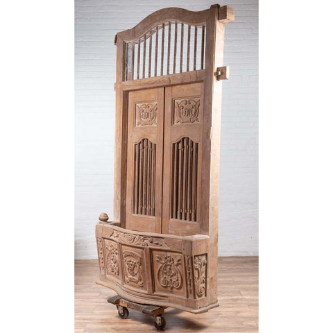 Large Natural Wood Window Balcony with Hand Carved Foliage Motifs and Bonnet Top-YN6498-3. Asian & Chinese Furniture, Art, Antiques, Vintage Home Décor for sale at FEA Home