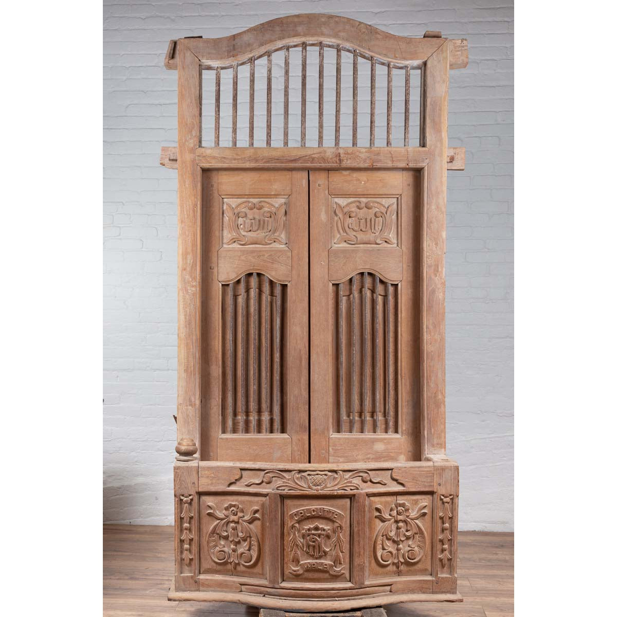 Large Natural Wood Window Balcony with Hand Carved Foliage Motifs and Bonnet Top-2. Asian & Chinese Furniture, Art, Antiques, Vintage Home Décor for sale at FEA Home