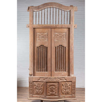 Large Natural Wood Window Balcony with Hand Carved Foliage Motifs and Bonnet Top