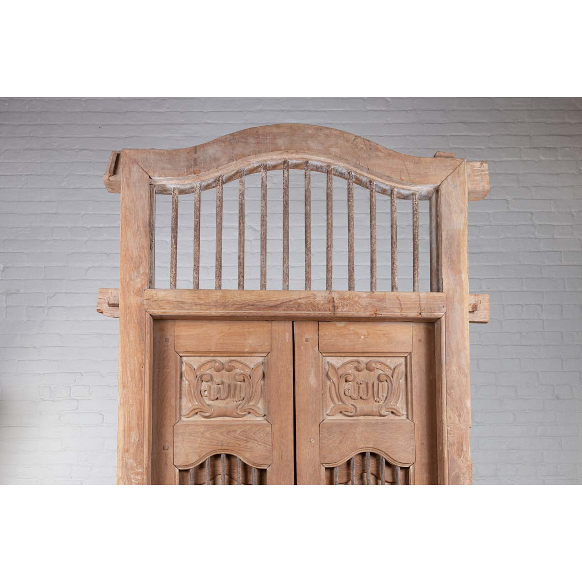 Large Natural Wood Window Balcony with Hand Carved Foliage Motifs and Bonnet Top-10. Asian &amp; Chinese Furniture, Art, Antiques, Vintage Home Décor for sale at FEA Home