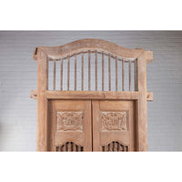 Large Natural Wood Window Balcony with Hand Carved Foliage Motifs and Bonnet Top