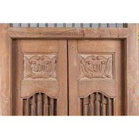 Large Natural Wood Window Balcony with Hand Carved Foliage Motifs and Bonnet Top