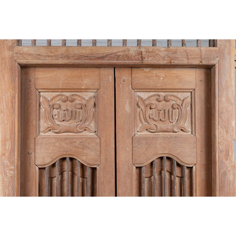 Large Natural Wood Window Balcony with Hand Carved Foliage Motifs and Bonnet Top-YN6498-11. Asian & Chinese Furniture, Art, Antiques, Vintage Home Décor for sale at FEA Home