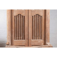 Large Natural Wood Window Balcony with Hand Carved Foliage Motifs and Bonnet Top