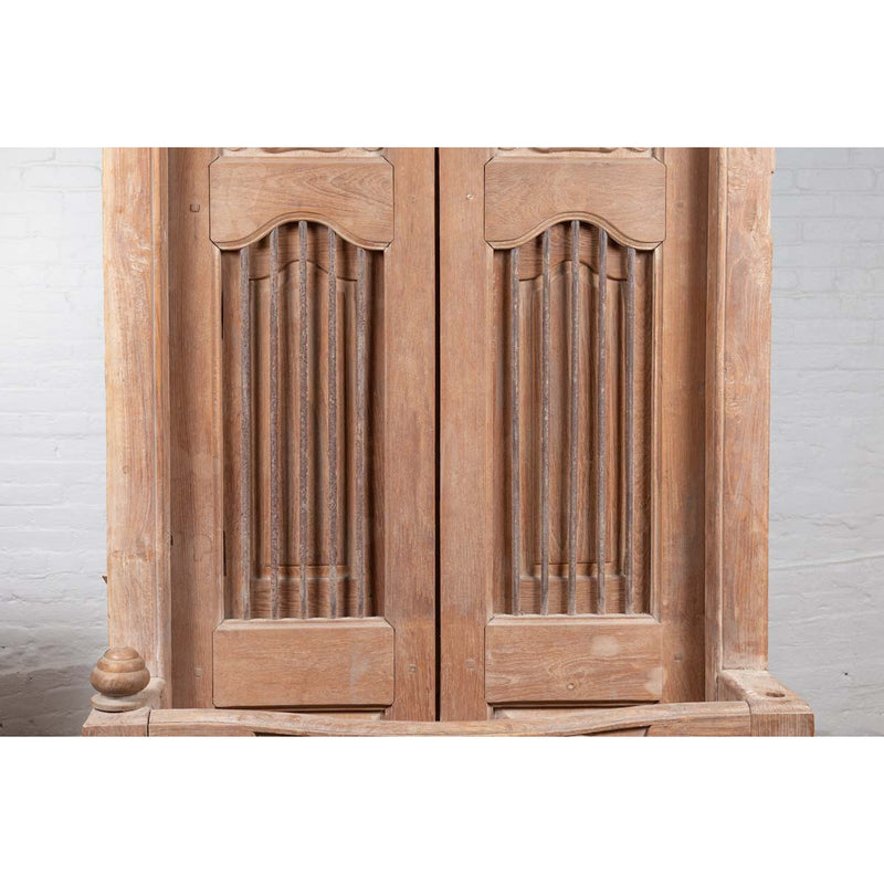 Large Natural Wood Window Balcony with Hand Carved Foliage Motifs and Bonnet Top-YN6498-12. Asian & Chinese Furniture, Art, Antiques, Vintage Home Décor for sale at FEA Home