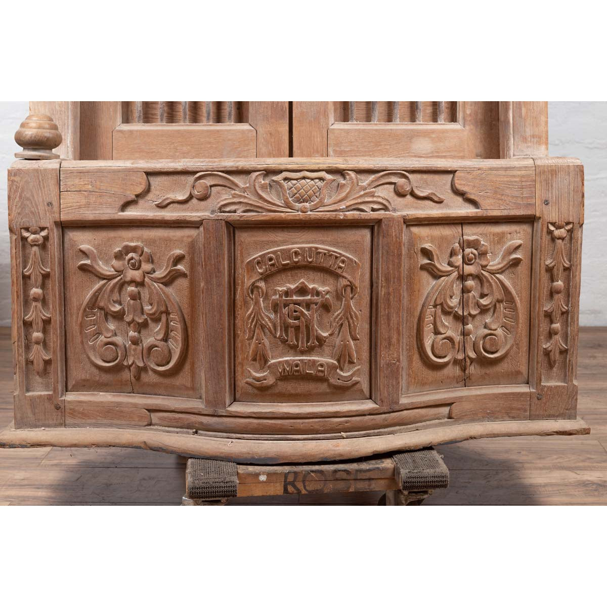 Large Natural Wood Window Balcony with Hand Carved Foliage Motifs and Bonnet Top-13. Asian &amp; Chinese Furniture, Art, Antiques, Vintage Home Décor for sale at FEA Home