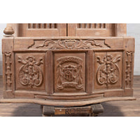 Large Natural Wood Window Balcony with Hand Carved Foliage Motifs and Bonnet Top