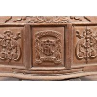 Large Natural Wood Window Balcony with Hand Carved Foliage Motifs and Bonnet Top