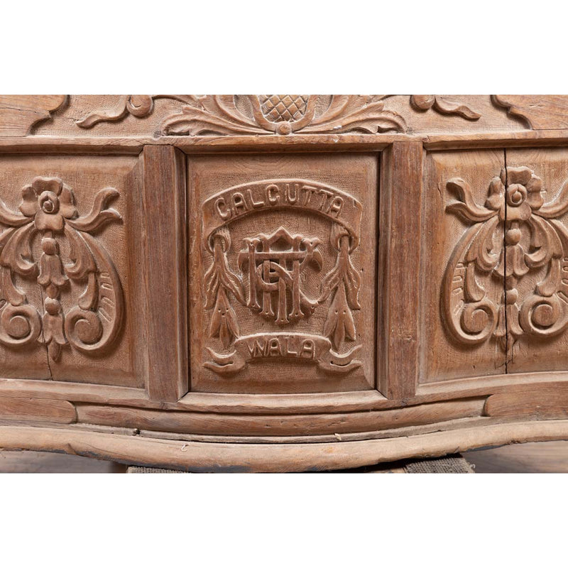 Large Natural Wood Window Balcony with Hand Carved Foliage Motifs and Bonnet Top-YN6498-8. Asian & Chinese Furniture, Art, Antiques, Vintage Home Décor for sale at FEA Home