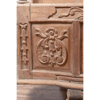 Large Natural Wood Window Balcony with Hand Carved Foliage Motifs and Bonnet Top