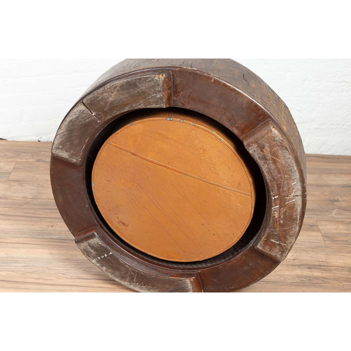 Meiji Period Japanese Wood Root Round Hibachi with Brown Patina, circa 1900-7. Asian &amp; Chinese Furniture, Art, Antiques, Vintage Home Décor for sale at FEA Home