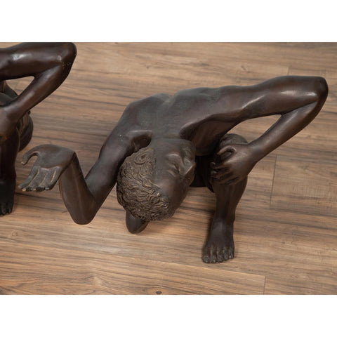 Vintage Pair of Black Bronze Kneeling Servant Sculptures Coffee Table Base-YN6512-7. Asian & Chinese Furniture, Art, Antiques, Vintage Home Décor for sale at FEA Home