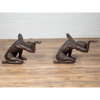 Vintage Pair of Black Bronze Kneeling Servant Sculptures Coffee Table Base