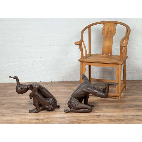 Vintage Pair of Black Bronze Kneeling Servant Sculptures Coffee Table Base-YN6512-2. Asian & Chinese Furniture, Art, Antiques, Vintage Home Décor for sale at FEA Home