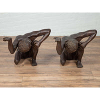Vintage Pair of Black Bronze Kneeling Servant Sculptures Coffee Table Base