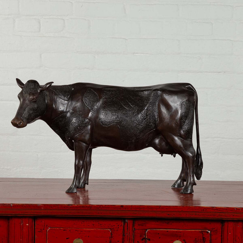 Contemporary Lost Wax Cast Bronze Custom Design Sculpture of a Holstein Cow-YN6531-2. Asian & Chinese Furniture, Art, Antiques, Vintage Home Décor for sale at FEA Home