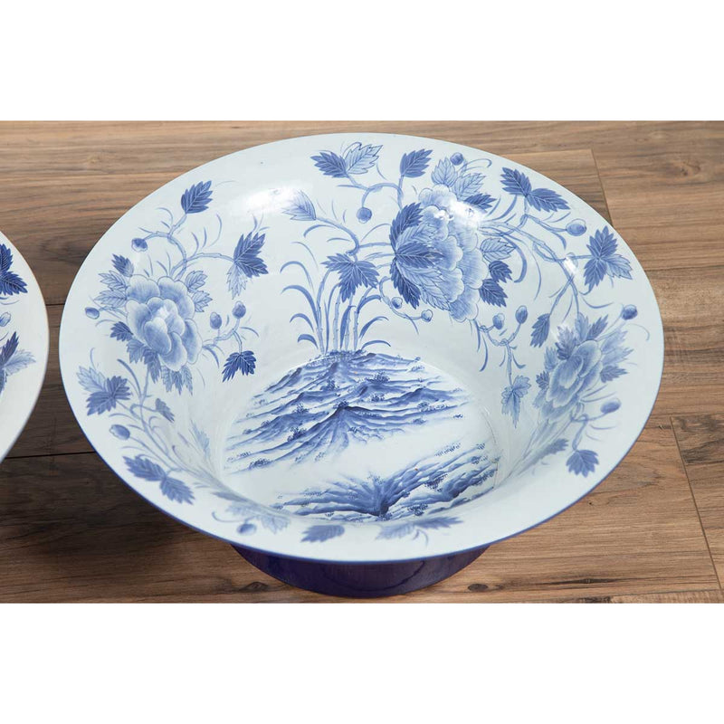 Blue and White Porcelain Wash Basin with Cobalt Blue Patina and Floral Motifs