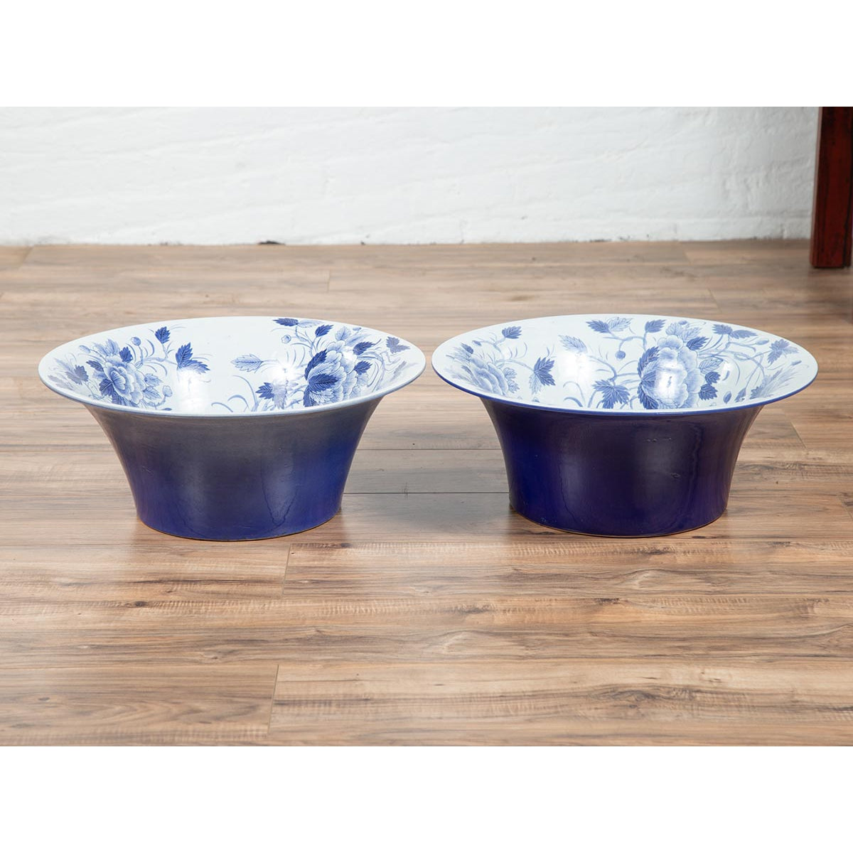 Pair of Blue & White Porcelain Basins with Floral Motifs-2. Asian & Chinese Furniture, Art, Antiques, Vintage Home Décor for sale at FEA Home