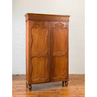 Dutch Colonial 19th Century Teak Wood Cabinet with Carved Panels and Shelves