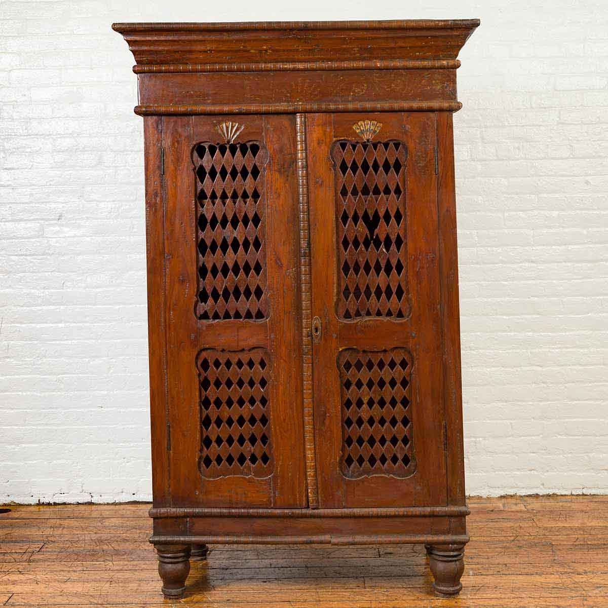Indian Hand Carved Cabinet with Open Diamond Design and Painted Fan Motifs-2. Asian & Chinese Furniture, Art, Antiques, Vintage Home Décor for sale at FEA Home