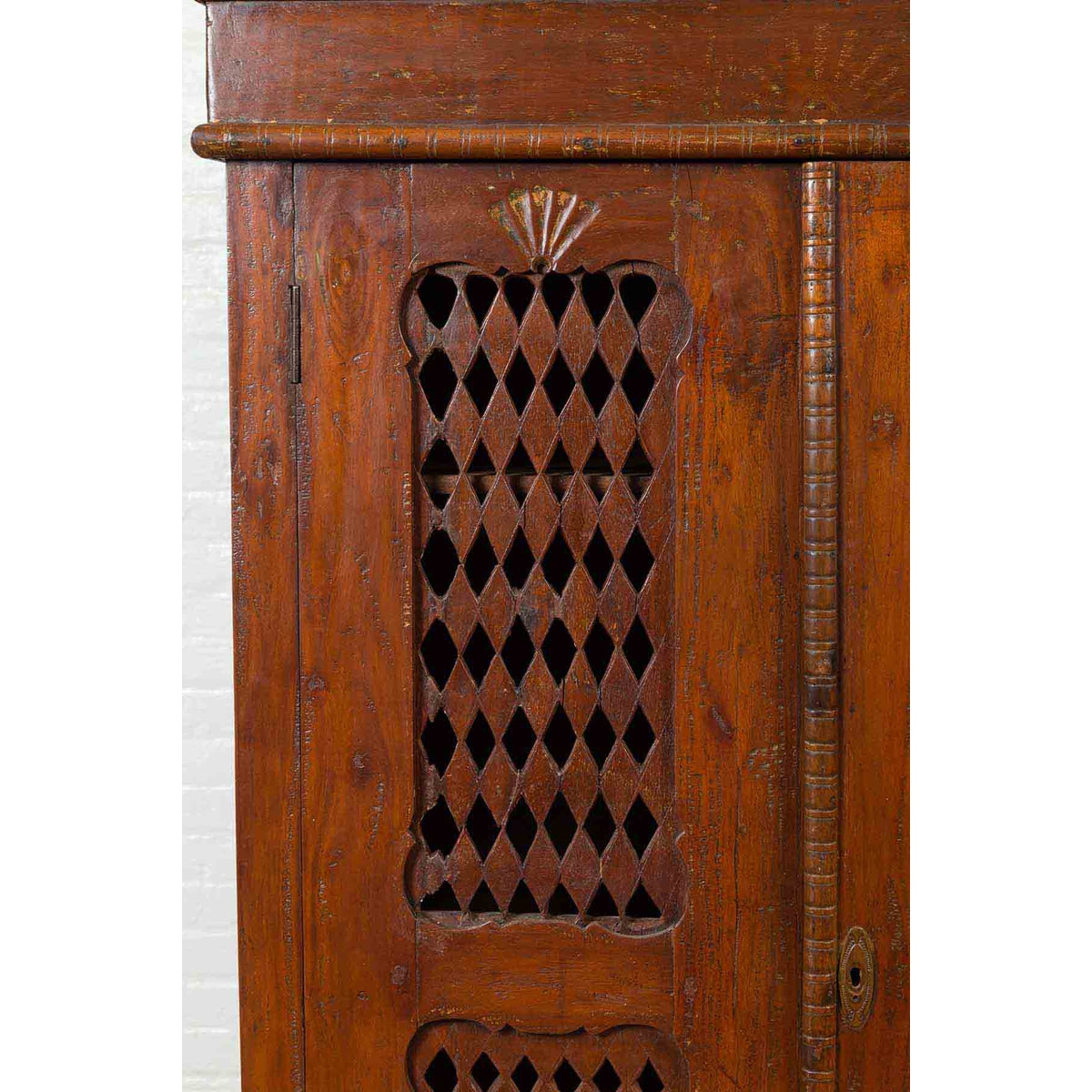 Indian Hand Carved Cabinet with Open Diamond Design and Painted Fan Motifs-6. Asian &amp; Chinese Furniture, Art, Antiques, Vintage Home Décor for sale at FEA Home