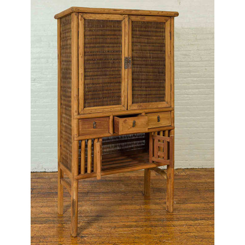 Indonesian Cabinet with Rattan Doors, Drawers and Fretwork Sliding Panels-YN6553-12. Asian & Chinese Furniture, Art, Antiques, Vintage Home Décor for sale at FEA Home