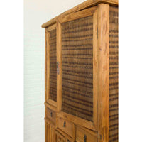 Indonesian Cabinet with Rattan Doors, Drawers and Fretwork Sliding Panels