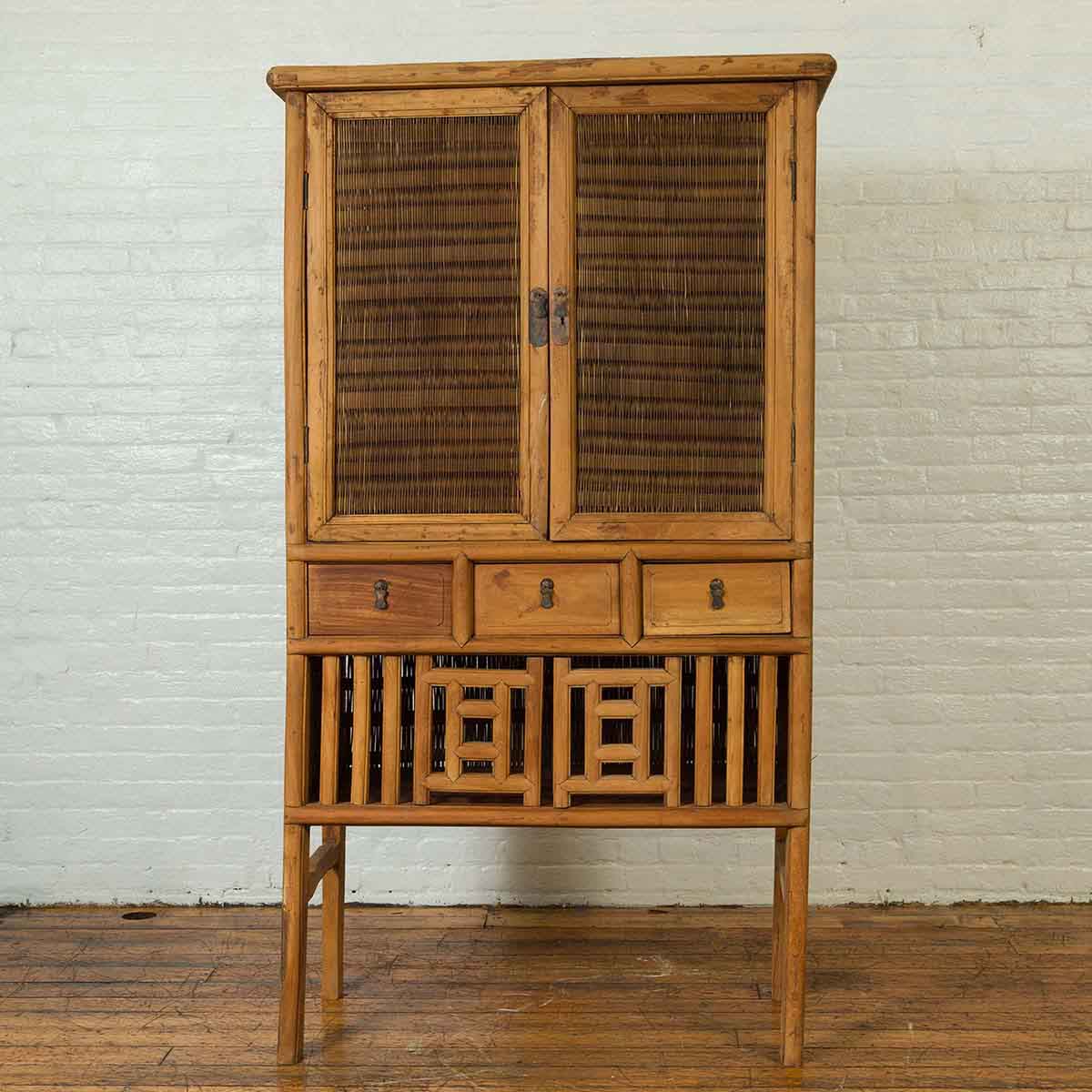 Indonesian Cabinet with Rattan Doors, Drawers and Fretwork Sliding Panels-2. Asian & Chinese Furniture, Art, Antiques, Vintage Home Décor for sale at FEA Home