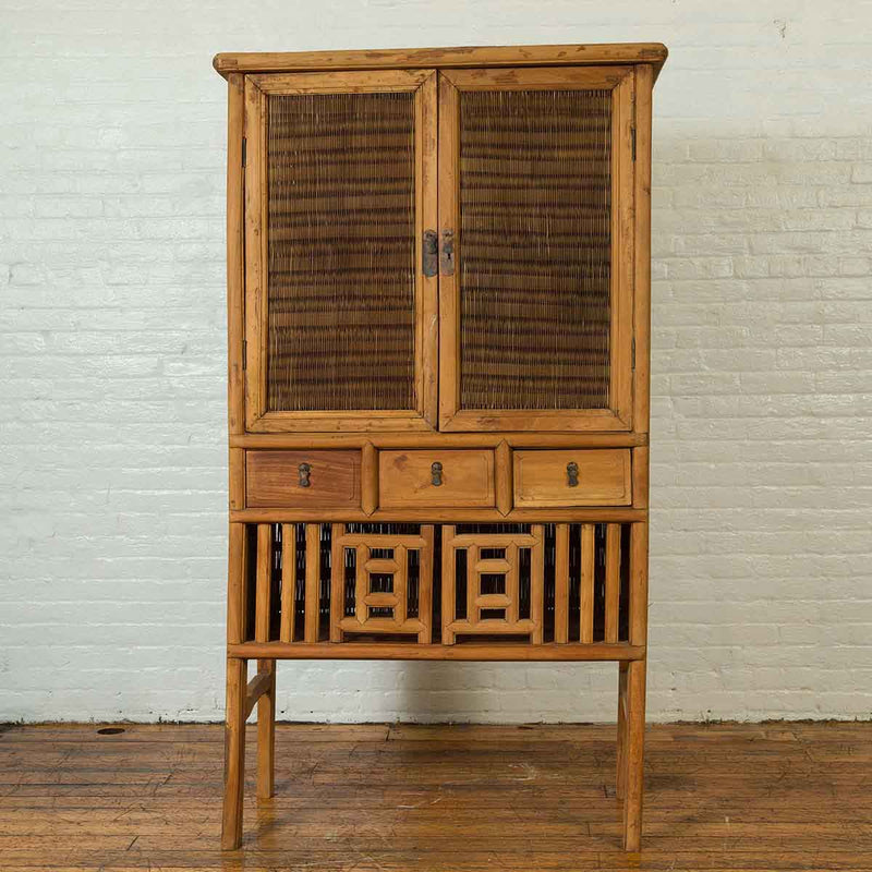 Indonesian Cabinet with Rattan Doors, Drawers and Fretwork Sliding Panels-YN6553-2. Asian & Chinese Furniture, Art, Antiques, Vintage Home Décor for sale at FEA Home