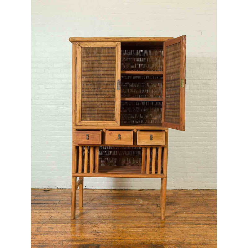 Indonesian Cabinet with Rattan Doors, Drawers and Fretwork Sliding Panels-YN6553-4. Asian & Chinese Furniture, Art, Antiques, Vintage Home Décor for sale at FEA Home