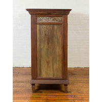 Large 19th Century Cabinet with Carved Floral Motifs and Distressed Verde Finish