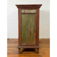 Large 19th Century Cabinet with Carved Floral Motifs and Distressed Verde Finish