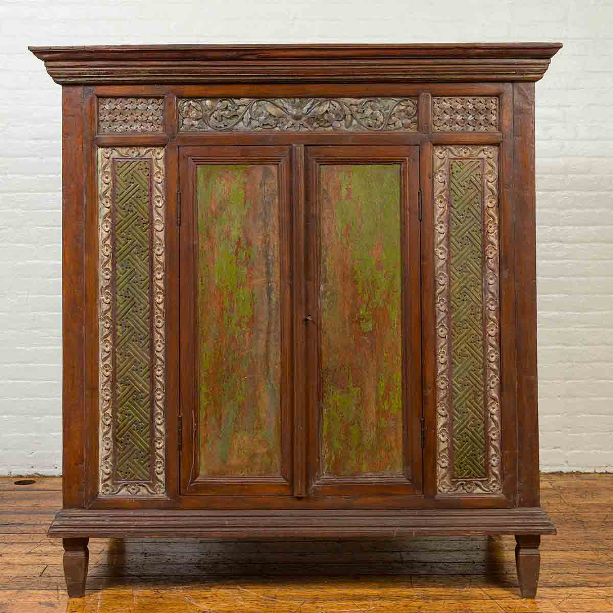 Large 19th Century Cabinet with Carved Floral Motifs and Distressed Verde Finish-2. Asian & Chinese Furniture, Art, Antiques, Vintage Home Décor for sale at FEA Home
