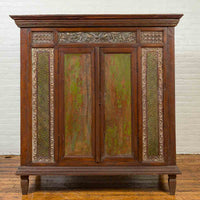 Large 19th Century Cabinet with Carved Floral Motifs and Distressed Verde Finish