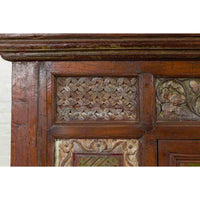 Large 19th Century Cabinet with Carved Floral Motifs and Distressed Verde Finish