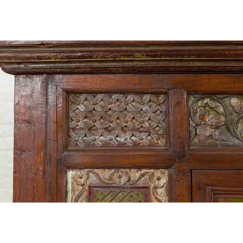 Large 19th Century Cabinet with Carved Floral Motifs and Distressed Verde Finish-YN6554-5. Asian & Chinese Furniture, Art, Antiques, Vintage Home Décor for sale at FEA Home