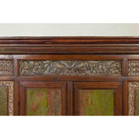 Large 19th Century Cabinet with Carved Floral Motifs and Distressed Verde Finish