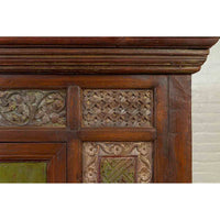 Large 19th Century Cabinet with Carved Floral Motifs and Distressed Verde Finish