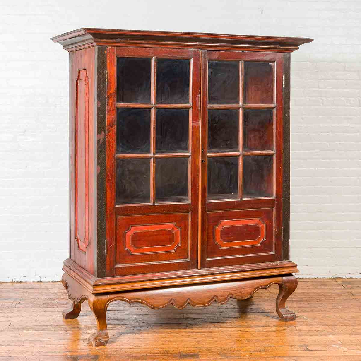 Dutch Colonial Antique Lacquered Wood Cabinet with Glass Doors and Cabriole Legs-2. Asian & Chinese Furniture, Art, Antiques, Vintage Home Décor for sale at FEA Home