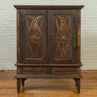 19th Century Indonesian Wooden Cabinet with Doors, Drawers and Carved Medallions